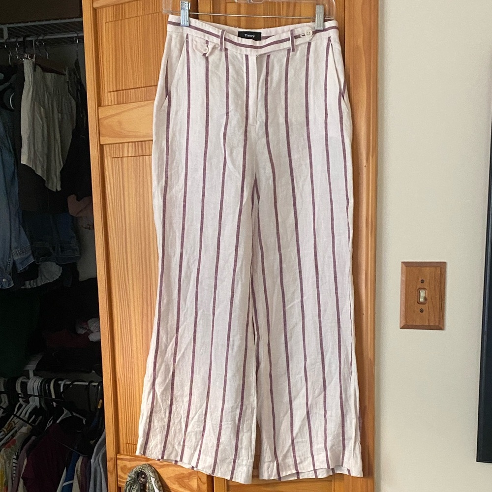 Theory White Linen Pants with Burgundy Stripes